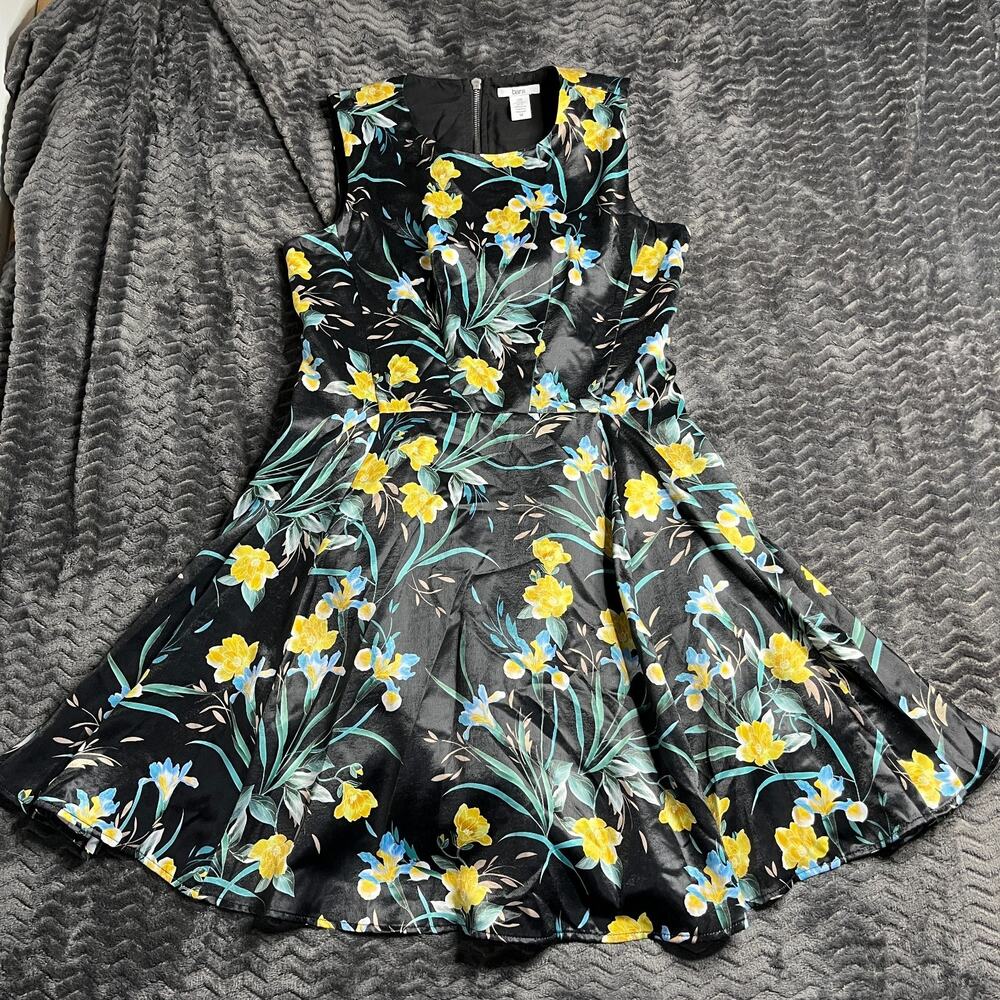Bar III Womens Dress Fit Flare Black Floral Sleeveless Scoop Neck Zip Size M